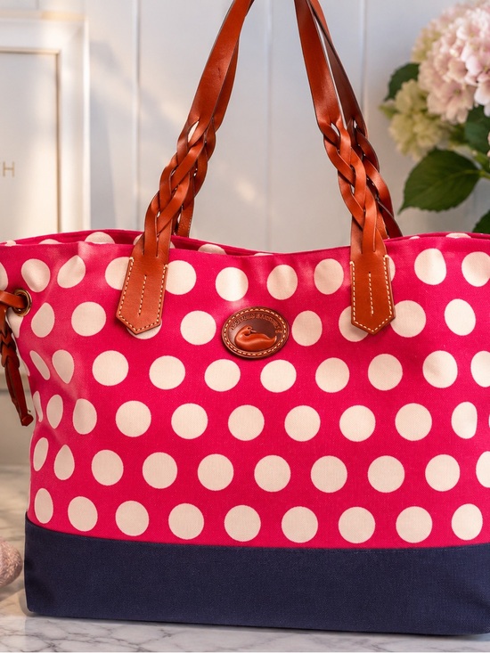 Dooney & Bourke Handbags - Dooney & Bourke Pink Polka Dot, & Blue Tote with Brown Handles (Rock The Dots)